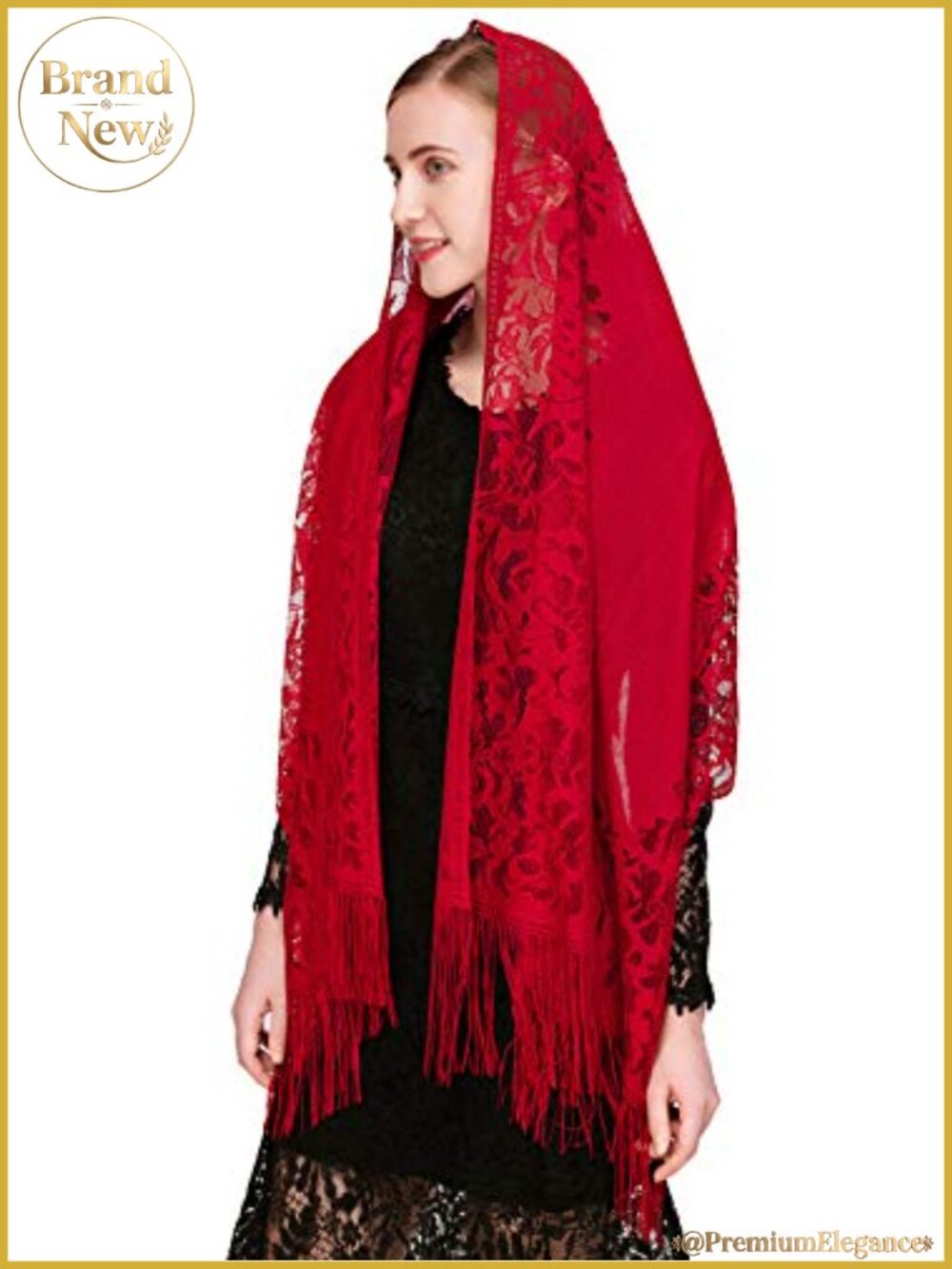 Chapel Veil Mantilla Lace Scarf Wrap Shawl with Fringe Trim Catholic